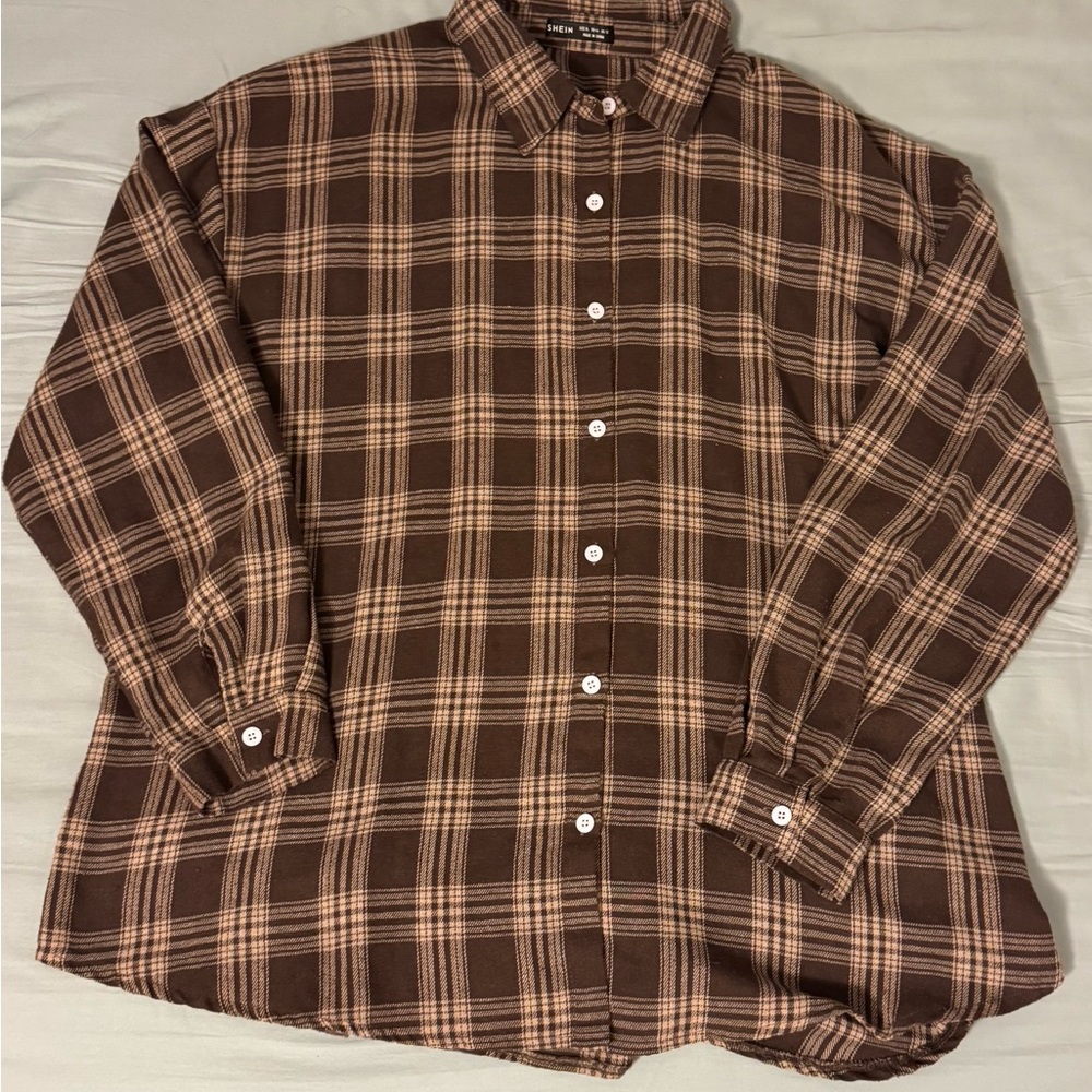 SHEIN Women's Brown Plaid Button Down Shirt